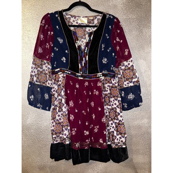 Anthropologie Maeve Boho CottageCore Grunge Hippie Velvet Blue Red Peasant Dress - Picture 1 of 11